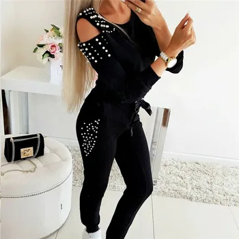 

Off Shoulder Beading Outfits set Fashion Casual Loungewear Clothes Long sleeve pullover top+pants leggings Fall Spring Tracksuit