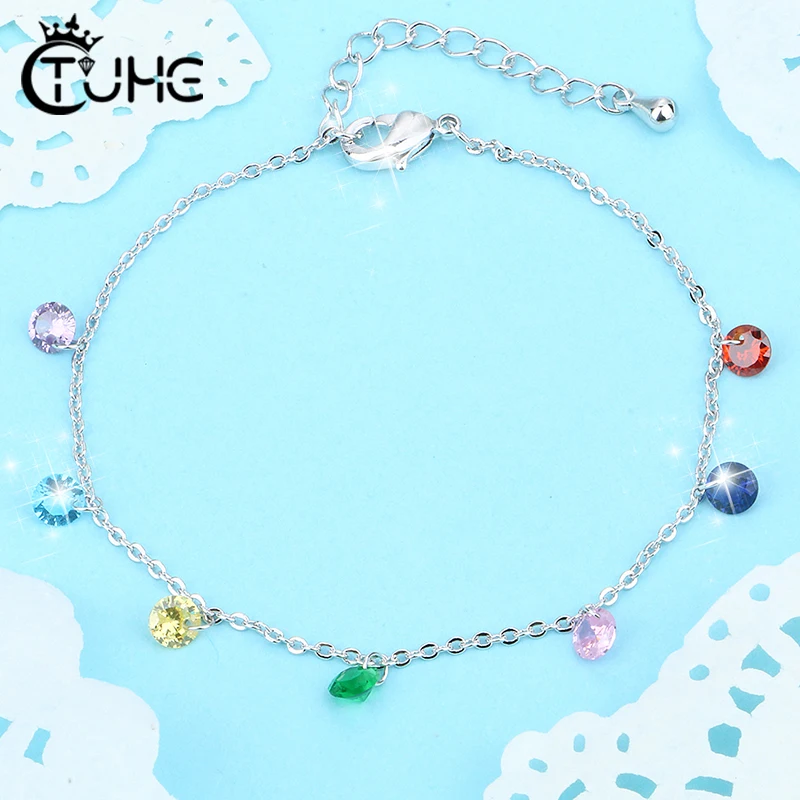 

Korea Women Bracelet With 7 Rainbow Colors 2.0 Carat Birthday Stone Simple Bracelet Chain Gold And Silver Color