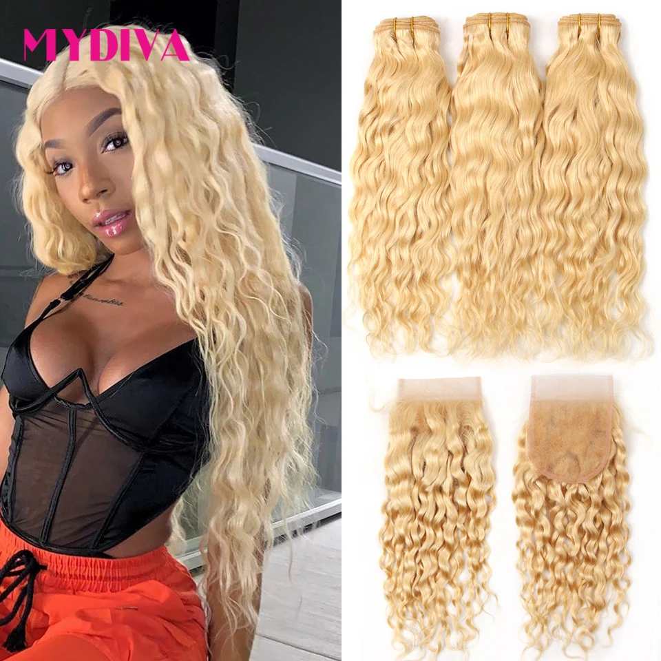 613 Blonde Water Wave Bundles With Closure Remy Brazilian Human Hair