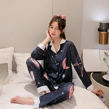

Service Suit Nuisette Femme Pijama Invierno Mujer Pizama Damska Silk Ladies Pajamas Autumn Long-sleeved Sweet Planet Silk Home