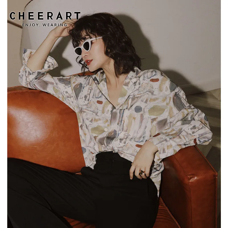 Женская блузка на пуговицах CHEERART с длинным рукавом и отложным воротником