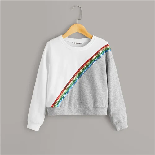 SHEIN Kiddie/Двухцветная Толстовка с контрастными пайетками для девочек; детские топы; коллекция года; осенние повседневные толстовки с длинными рукавами для подростков - Цвет: Многоцветный