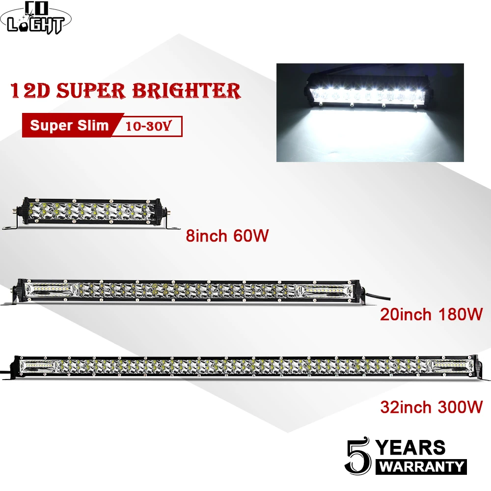 CO LIGHT " 20" 3" 12D тонкий светодиодный светильник бар Однорядный 60 Вт 180 Вт 300 Вт 4x4 светодиодный бар для SUV 4WD ATV внедорожный светодиодный свет 12 в 24 В