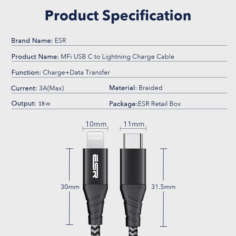 ESR USB C to Lightning MFi PD Charging Cable Nylon Braided - 2M Pakistan BrandTech.pk