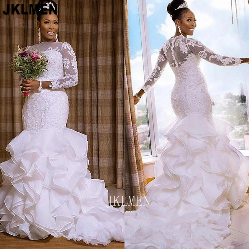 Vestido de de sirena de Organza con volantes y encaje, manga larga, cremallera y botones, blanco, ilusión|Vestidos de novia| - AliExpress