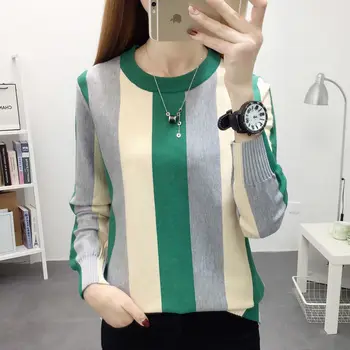 

Sweater women 2020 new spring Korean stripe round neck long sleeve loose student knitting top