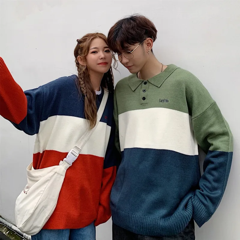 Autumn Polo Sweater Men Fashion Contrast Color Casual Lapel Knit Sweter Men Clothes Streetwear Wild Loose Couple Pullover Man