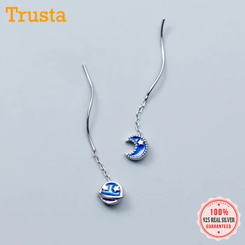 

Trustdavis 100% 925 Sterling Silver Stud Earring Asymmetric Planet Moon Linked 4cm Drop Stick For Women Girls Friend Gift DS912