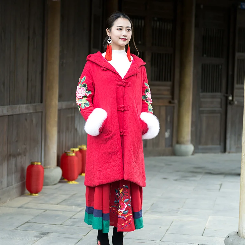 

2018 New Style Winter Ethnic-Style Cotton Linen WOMEN'S Cotton Jacket Hooded Embroidered Mid-length Cotton Coat