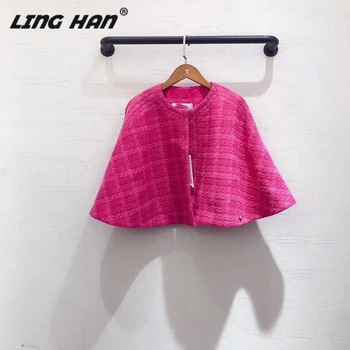 

LINGHHAN Fashion Button red plaid Tweed Wool cloak coat + Silk Lining Designer Autumn Winter Runway New