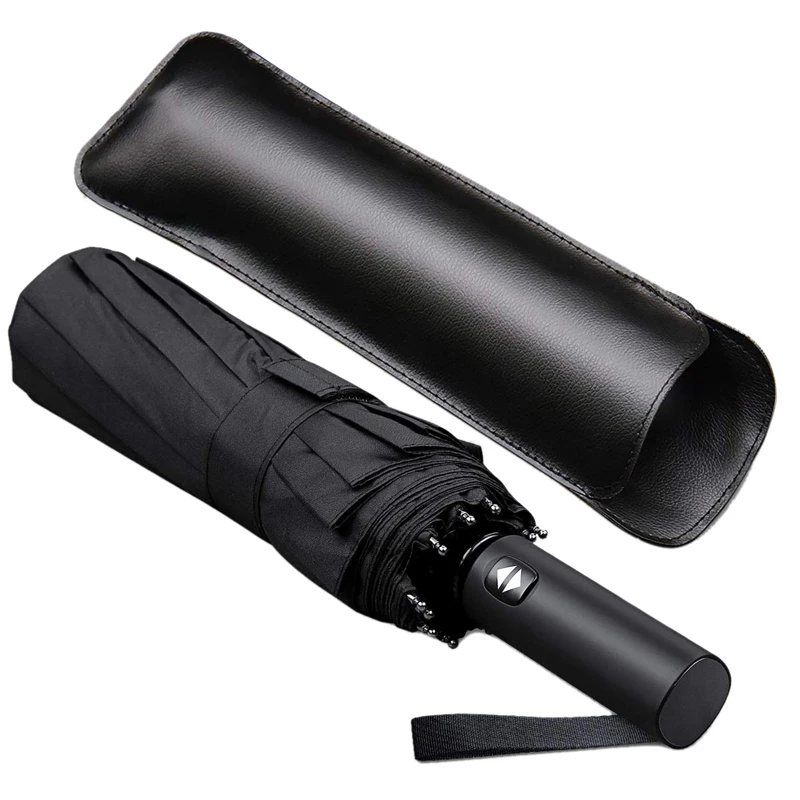 

12 Ribs Windproof Travel Umbrella With Teflon Canopy, Lengthened Handle With Auto Open Close Button, Compact Protection From Rai