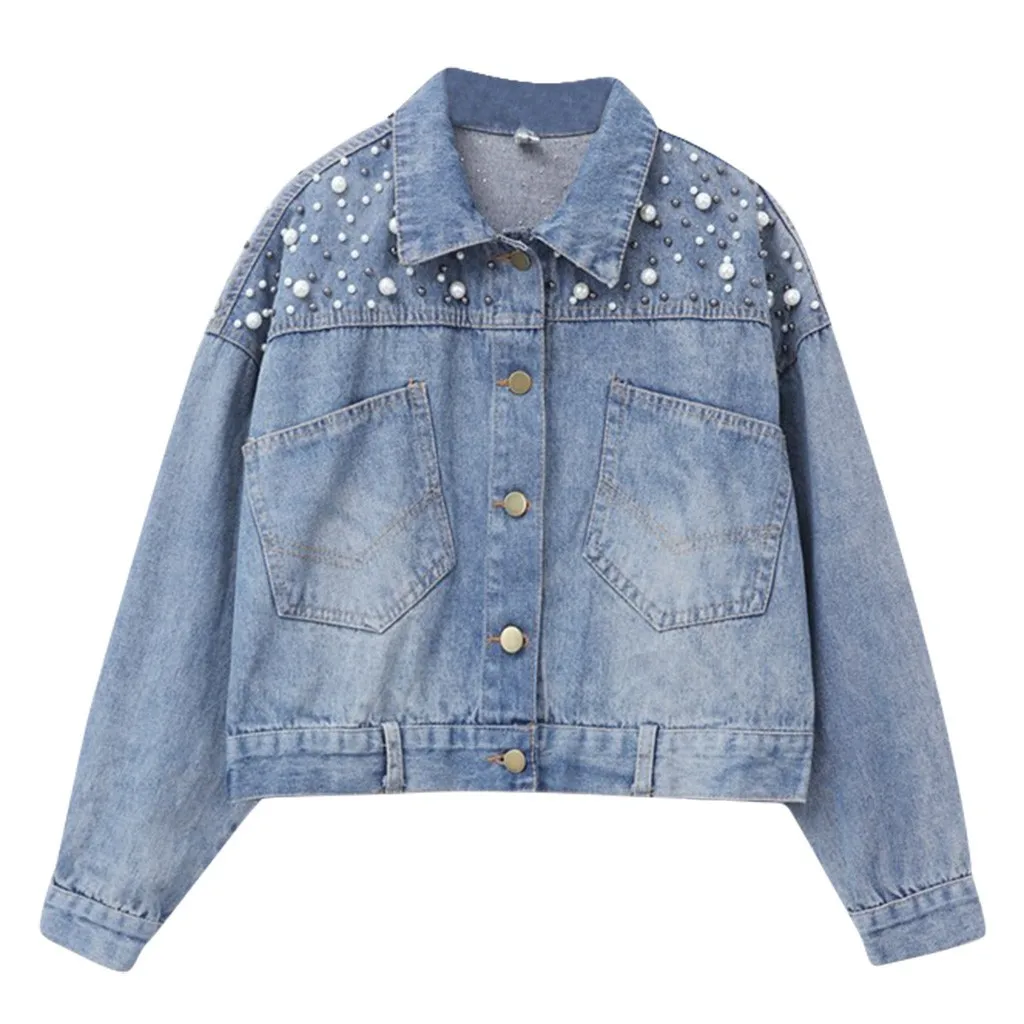 Color : Blue, Size : Small Women's Denim Jacket Long Sleeve Casual Jeans Jacket Bomber Vintage Basic Long Sleeve Button Down Coat *#* 