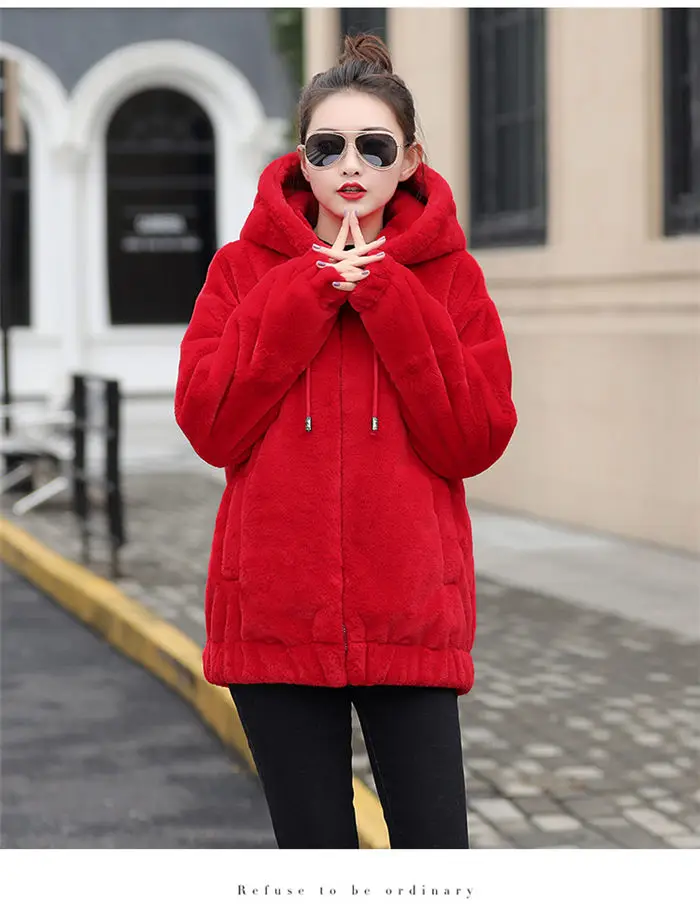 Faux Rex Rabbit Fur Coat Female Winter New Long Sleeve Korean Loose Plush Thick Hoodies Sweatshirt Jacket For Women f2084