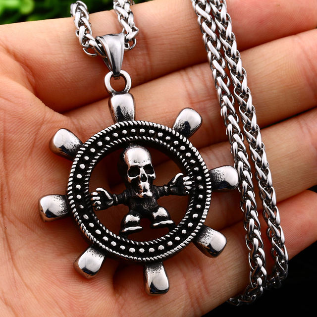 STAINLESS STEEL VIKING COMPASS SKULL NECKLACE
