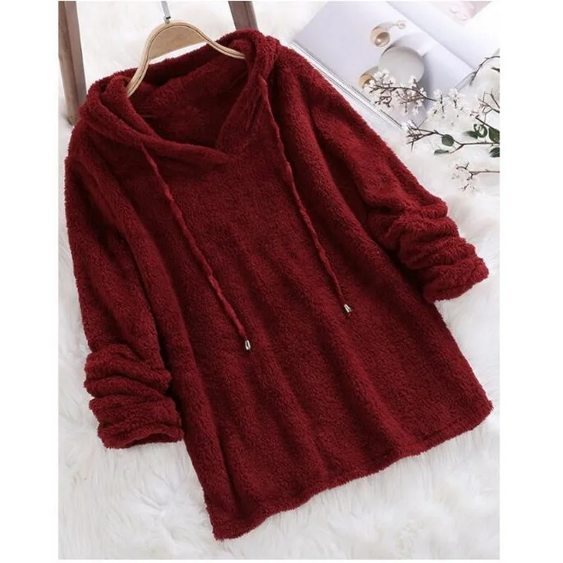Women Warm hoodies Winter Solid Color Long-sleeved Hooded Fur Double-faced Fleece Sweater plush sweatshirt Pajamas 5XL