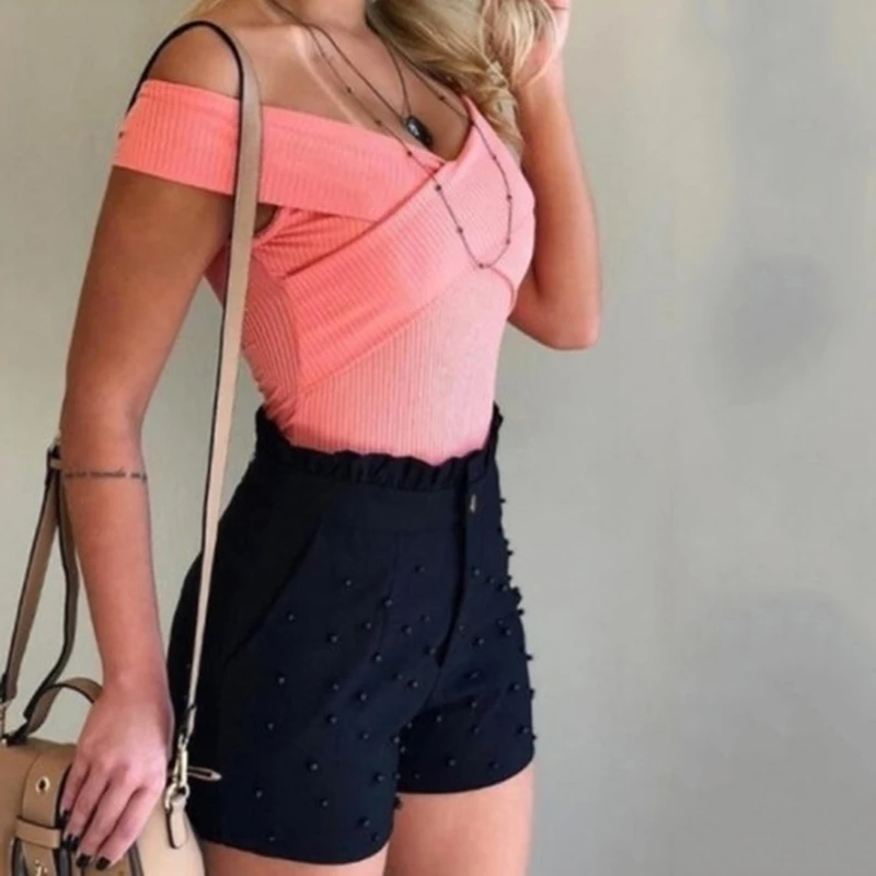 women's fashion Women's Shorts Summer Fashion Soild Color Shorts Bead Decoration High Waist Female Caual Summer Femme Shorts Robe Feminina bermuda shorts