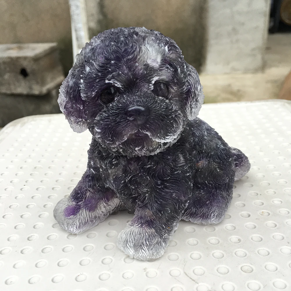 

1pc Natural Crystal Quartz Crushed Stone Resin Cured Silly Cute Bichon Frise Family Living Room Art Deco Open Chakra