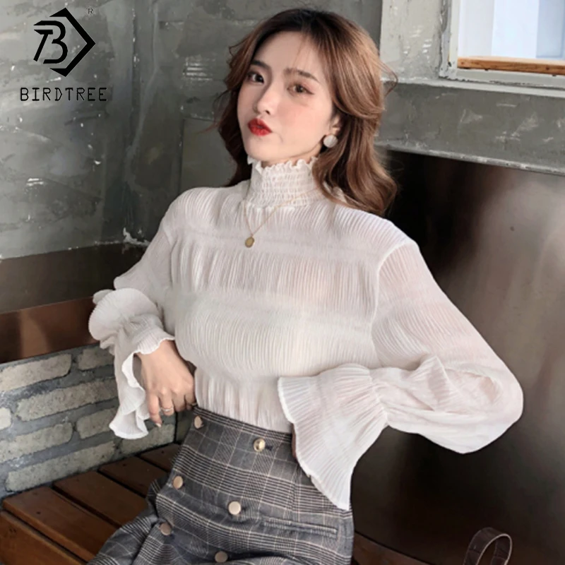 Women Chiffon Blouse Shirt Turtleneck Lantern Sleeve Striped Pleating Ladies Shirts Fashion 2020 Spring Solid Tops T01412S | Женская