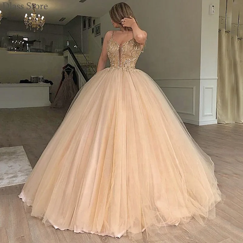 

Light Champagne Evening Dress Sleeveless Beading Illusion Ball Gown Spaghetti Strap V-neck Tulle Prom Dress robe de soirée