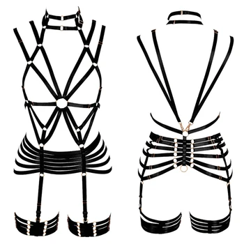 

Full Body Harness Bra Garter Belts Set Punk Goth Sexy Lingerie Cage Elastic Women Leg Stockings Suspender Bustier Festival Rave