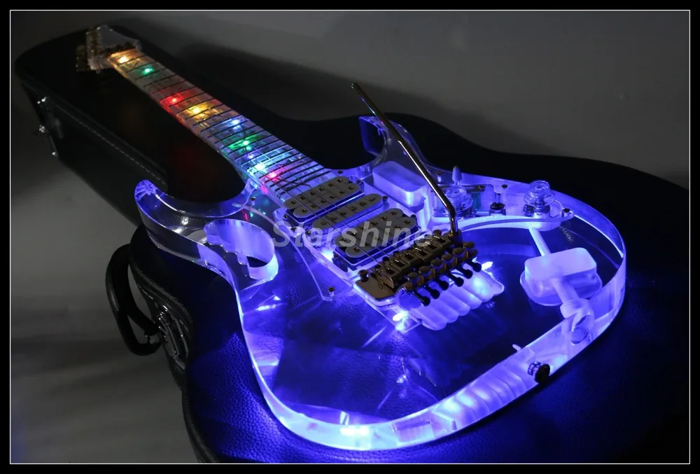 Светодиодный электрогитара L-JK1 7VE стиль полностью акриловый разноцветный светящийся светодиодный свет гитара с отделкой кристаллами