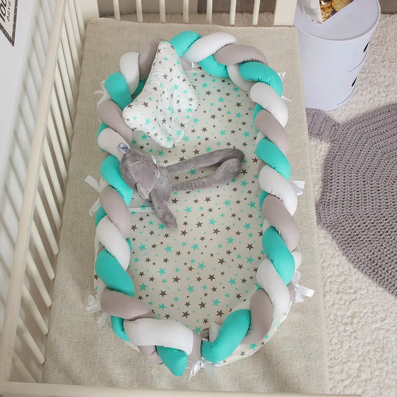 Portable Baby Knit Crib with Pillow Newborn Sleeping Nest Playen Bed Travel Bassinet Bumper Removable And Washable 0-24months