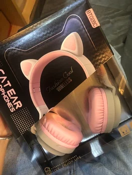 

Korean Girl Style Cat's ear ins Wireless Headphone Pink - gray Bluetooth 5.0 Music headset with LED light for girl
