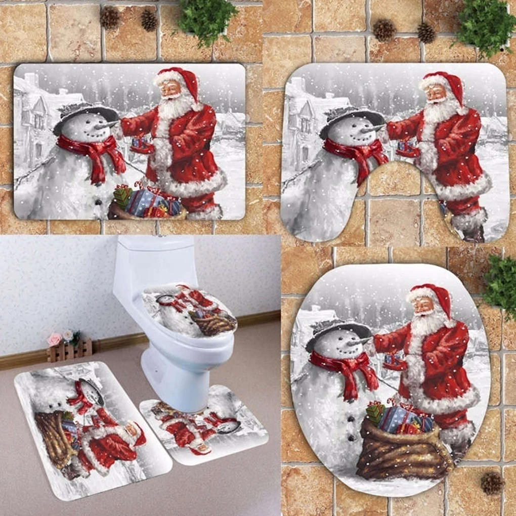 High Quality 3PCS/Set Toilet Seat Cover Mat Floor Carpet Set Christmas Bathroom Coral Velvet Non-slip | Дом и сад