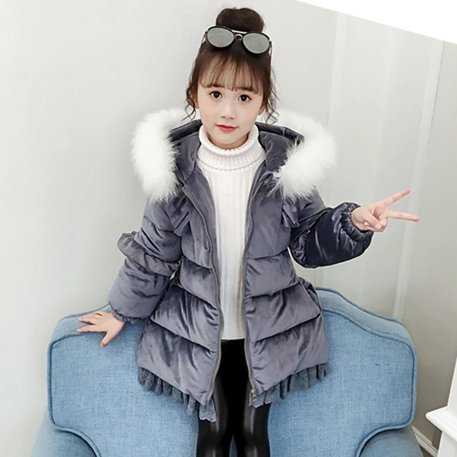 

New Girls Down Coat Thick Velvet Coats Girl Warm Fur Collar Children's Parkas Winter Fashion Kids Clothes For Girls New Year