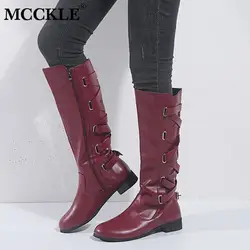 MCCKLE/осенние женские сапоги до колена; женская обувь из искусственной кожи с ремешком и пряжкой; модные однотонные женские сапоги на низком