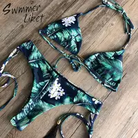 Floral print swimwear women Ruffled tropical leaves bathing suit Push up swimsuit female Boho triangle halter bikini set 2019