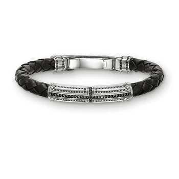 

11MM Cross Black Leather Bracelet 925 Sterling Silver Cubic Zirconia Bangle Women Men Punk Cool Fashion Good Jewelry Accessories