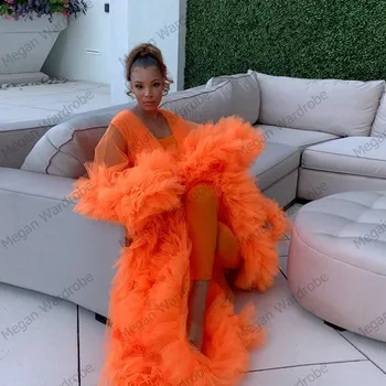 

Fashion Orange Maternity Tulle Gowns Long Sleeves Puffy Ruffles Pleated Tulle Maternity Dresses Robe For Photography Plus Size