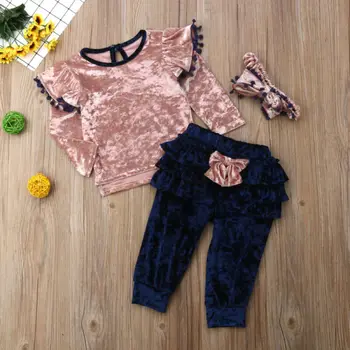 

Toddler Kid Girls Autumn Clothes Velvet Ruffle Bow Long Pants Outfit Set 3PCS US