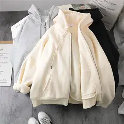 Preguiçoso de pelúcia e grosso zip up outono e inverno moda feminina moletom com capuz casaco coreano soild cor manga longa feminino