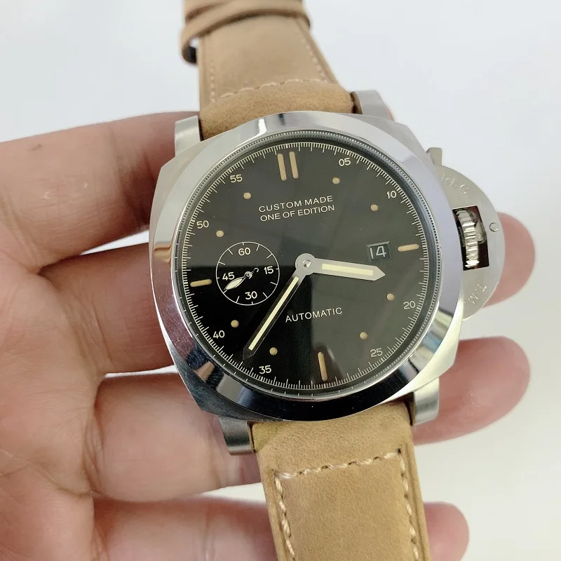 

Watch Men 44MM Steel Case Automatic Mechanical watch Luminous Date Watch Men's Clock Military Leather Strap