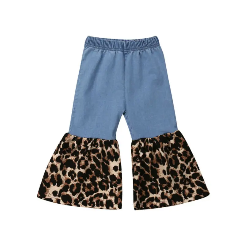  Cute Toddler Kids Baby Girls Autum Blue Leopard Denim Flare Wide Leg Cool Fashion Loose Pants Jeans