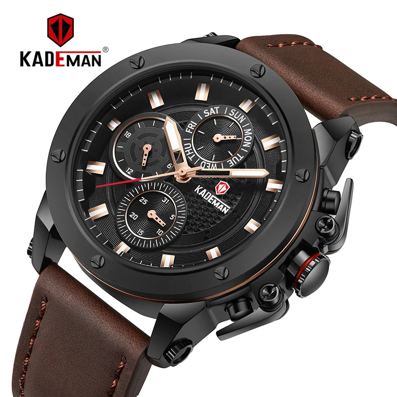 

Men's Quartz Wrist Watch KADEMAN 6 Hands with Function Leather Strap Top Luxury Brand Waterproof Relogio Masculino Hot Sale