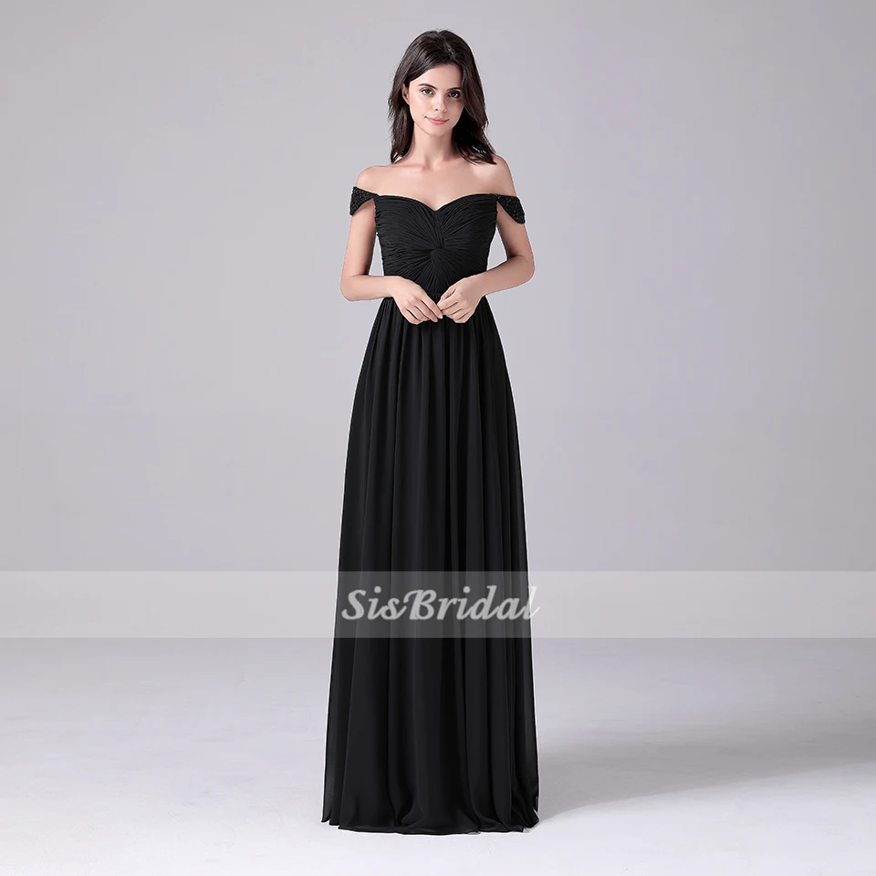 A-Line Off-The-Shoulder Длина пола шифон вечерние платья с бисером