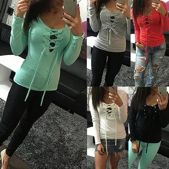 

Pop Fashion Autumn Winter Women Sexy Blouse Solid Color Long Sleeve Crossed Bandage Tops Lady Girls Casual Shirt Pop 88