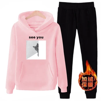 

t35 Tracksuit 2019 Autumn Winter Women's Suit cat Printed hooded Neck Sweatshirt + Patchwork Long Pant 2 Piece Set