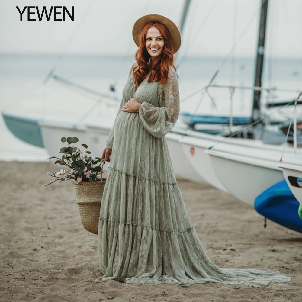 Зеленое кружевное платье Yewendress с открытыми плечами для фотосессии выпускного