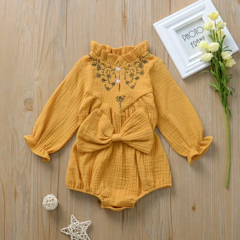 

Autumn Winter Baby Girls Long Sleeve Rompers Bow Embroidered Solid Color Cute One-Pieces Jumpsuit Triangle Rompers For Baby