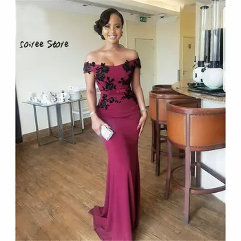 

Simple African Evening Dress Mermaid Off Shoulder Floor Length Prom Dress Elegant Formal Dress Women Night Party Gowns Applique
