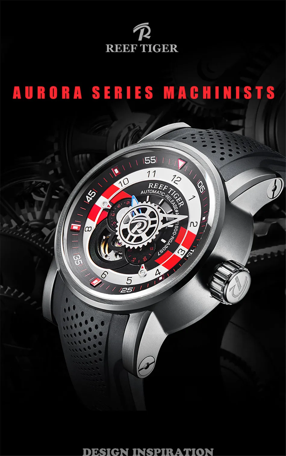 Reef Tiger R/T бренд 100M водонепроницаемые механические мужские часы Tourbillon Роскошные деловые резиновые ремешок автоматические часы erkek saat