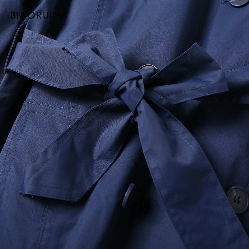 BIAORUINA Женский Повседневный темно-синий двубортный прямой длинный Тренч женское водонепроницаемое модное Прямое пальто с капюшоном и поясом