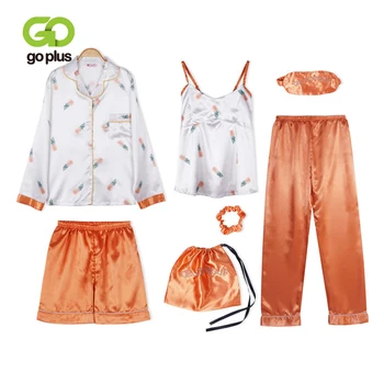 

GOPLUS Seven Piece Set Women's Sleepwear Ladies Pajamas Nightwear Set Emulation Silk Striped Pyjama Long Sleeve Sweet Silk