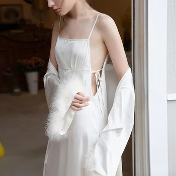 

2 Pieces Set Women Black White Elegant Nightgown Silk Lace Sleepwear Dress Bathrobes Autumn Sexy Nightgowns long Sleeve