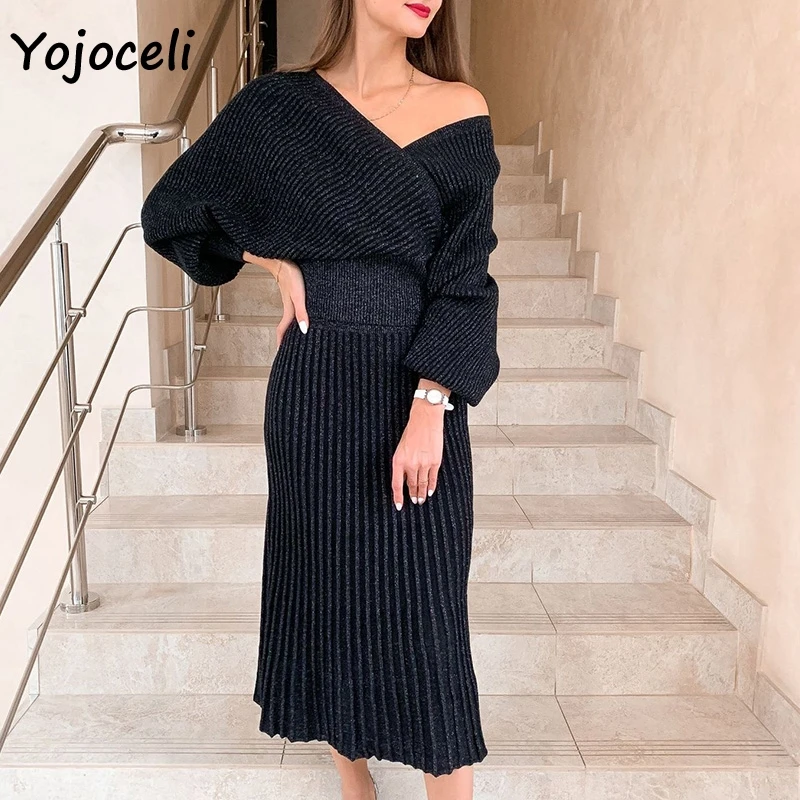 Yojoceli осенне-зимнее вязаное женское платье с v-образным вырезом и рукавами летучая мышь, плиссированное платье, комплект из 2 предметов, платье-свитер на каждый день