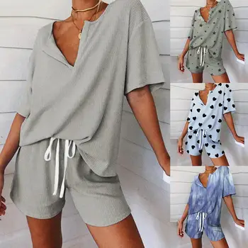 

Summer Women Sets Beach Print Short Sleeve Casual V Neck Two Piece Set Crop Top And Shorts Drawstring 2 Piece Set Outfits